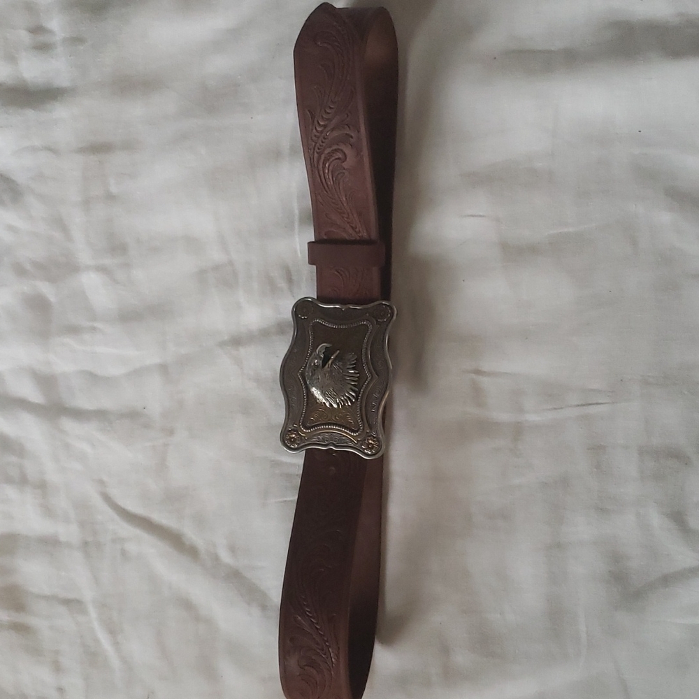 Leather belt with eagle scout buckle
